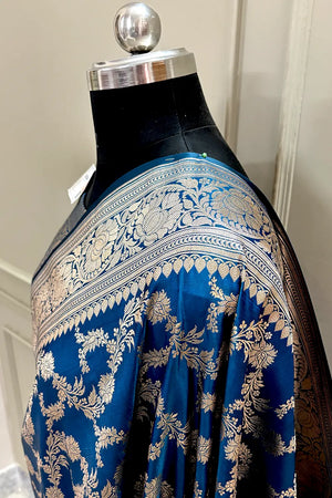 Peacock Blue Mughlai Jaal Katan Silk Banarasi Saree