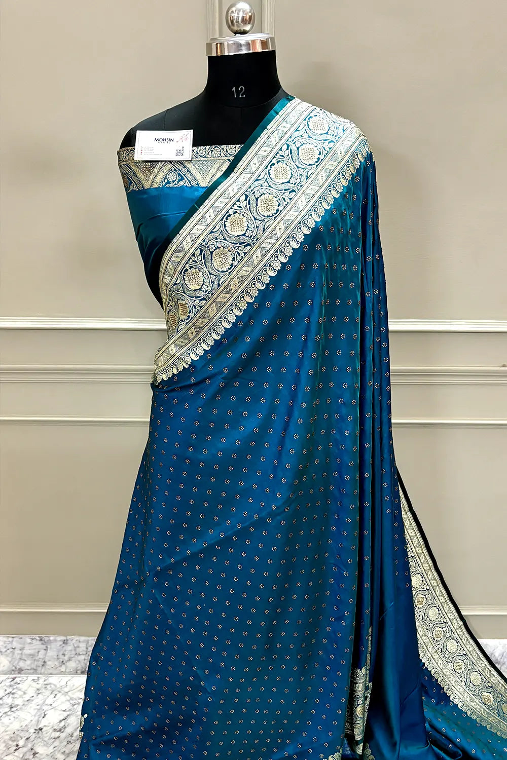 Peacock Blue Royal Plain Swarovski Stone Katan Silk Banarasi Saree