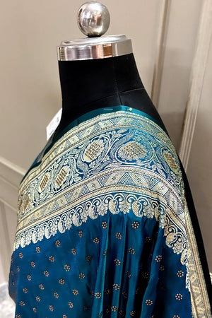 Peacock Blue Royal Plain Swarovski Stone Katan Silk Banarasi Saree
