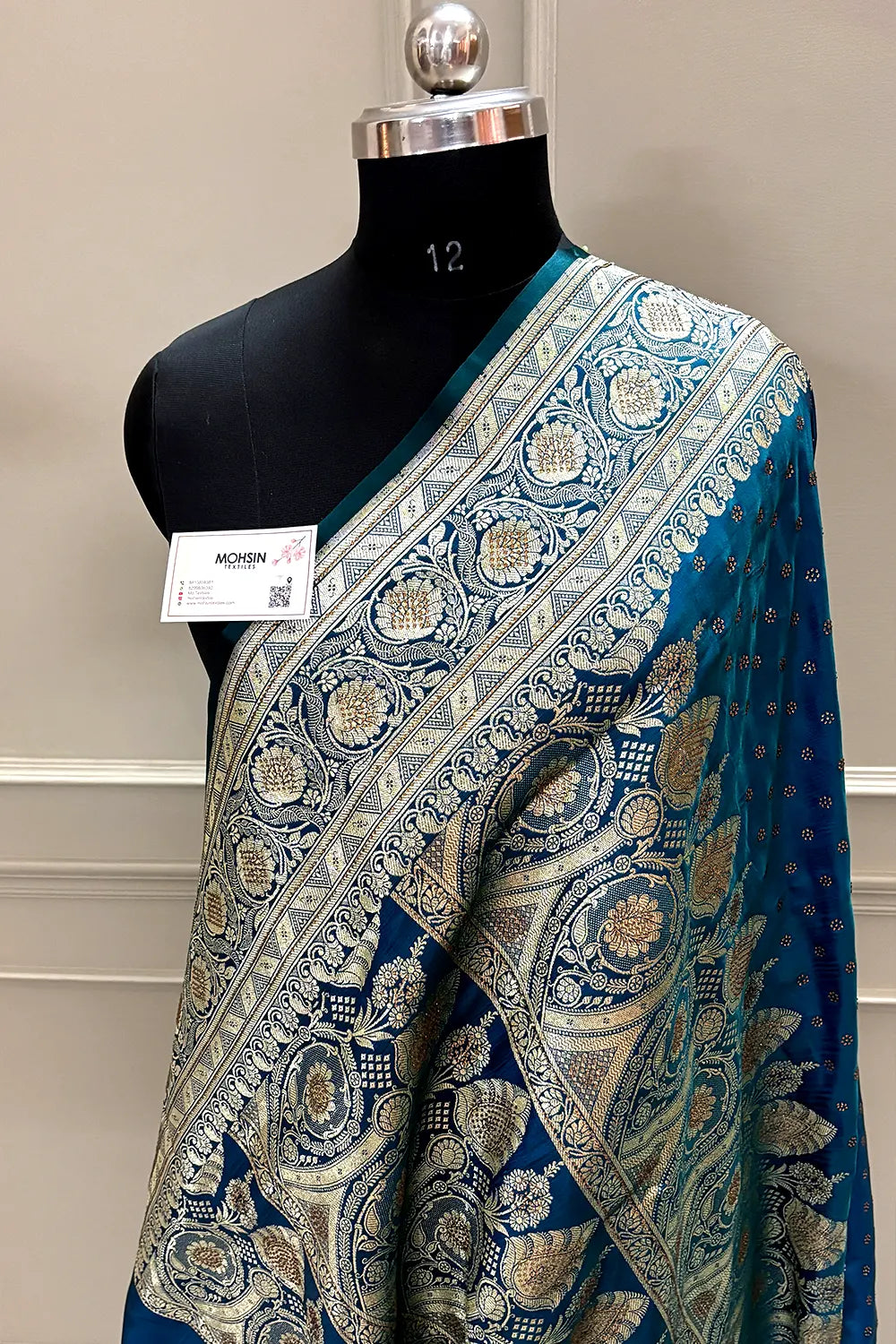 Peacock Blue Royal Plain Swarovski Stone Katan Silk Banarasi Saree