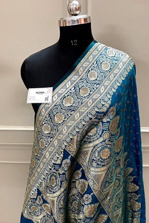 Peacock Blue Royal Plain Swarovski Stone Katan Silk Banarasi Saree