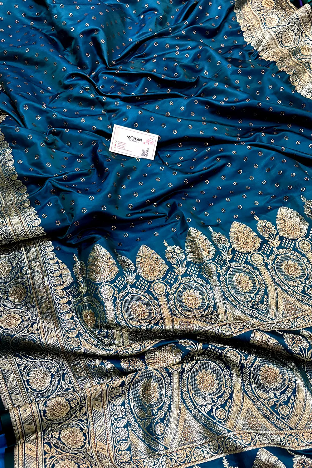 Peacock Blue Royal Plain Swarovski Stone Katan Silk Banarasi Saree