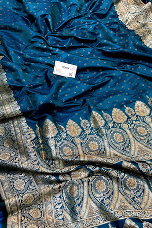 Peacock Blue Royal Plain Swarovski Stone Katan Silk Banarasi Saree