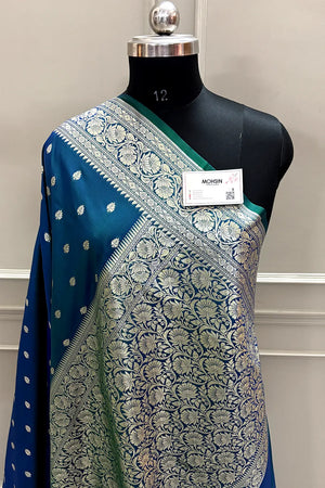 Peacock Blue Rudraksha Buti Katan Silk Banarasi Saree