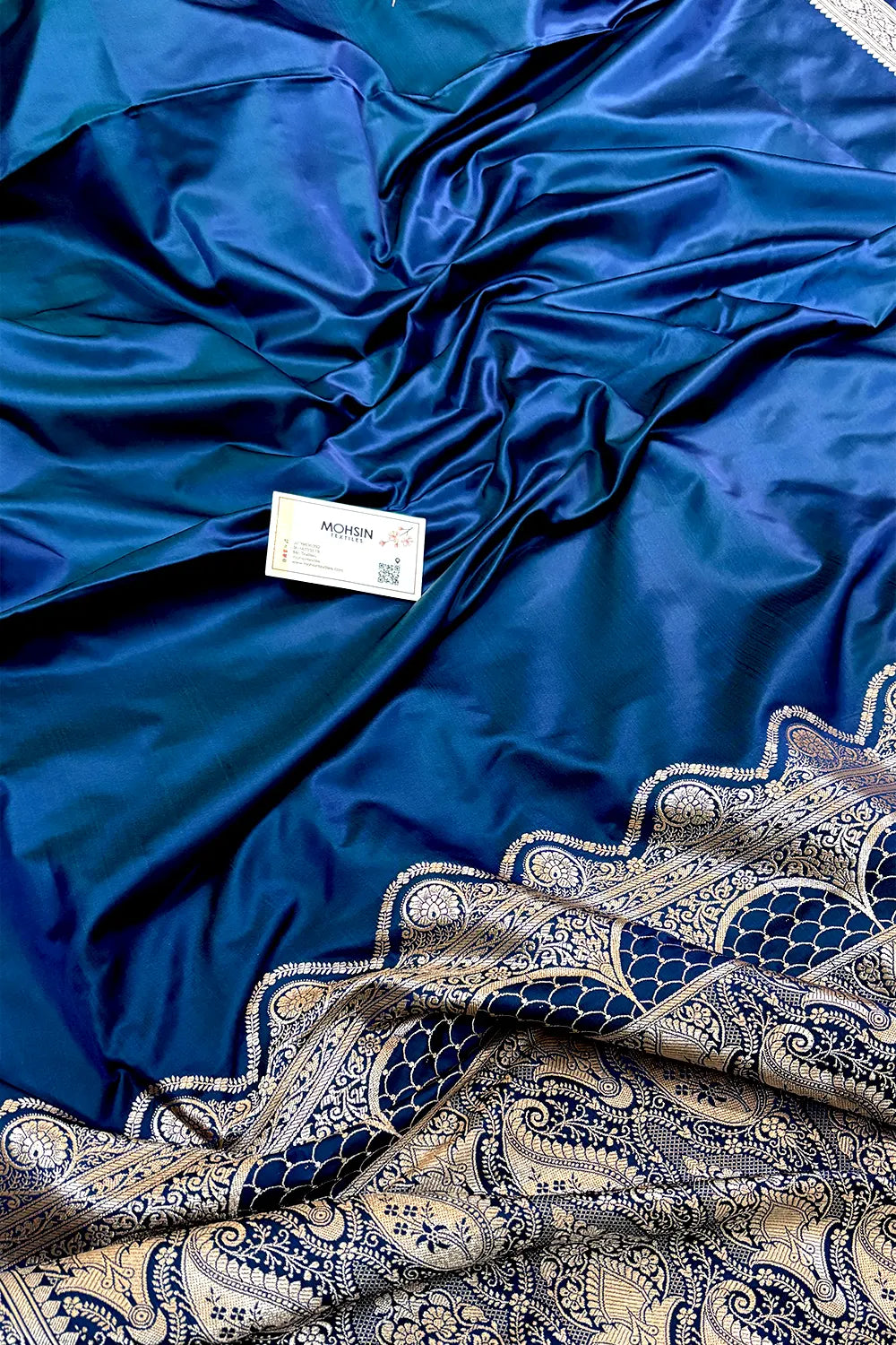 Peacock Blue Zari Border Katan Silk Banarasi Saree