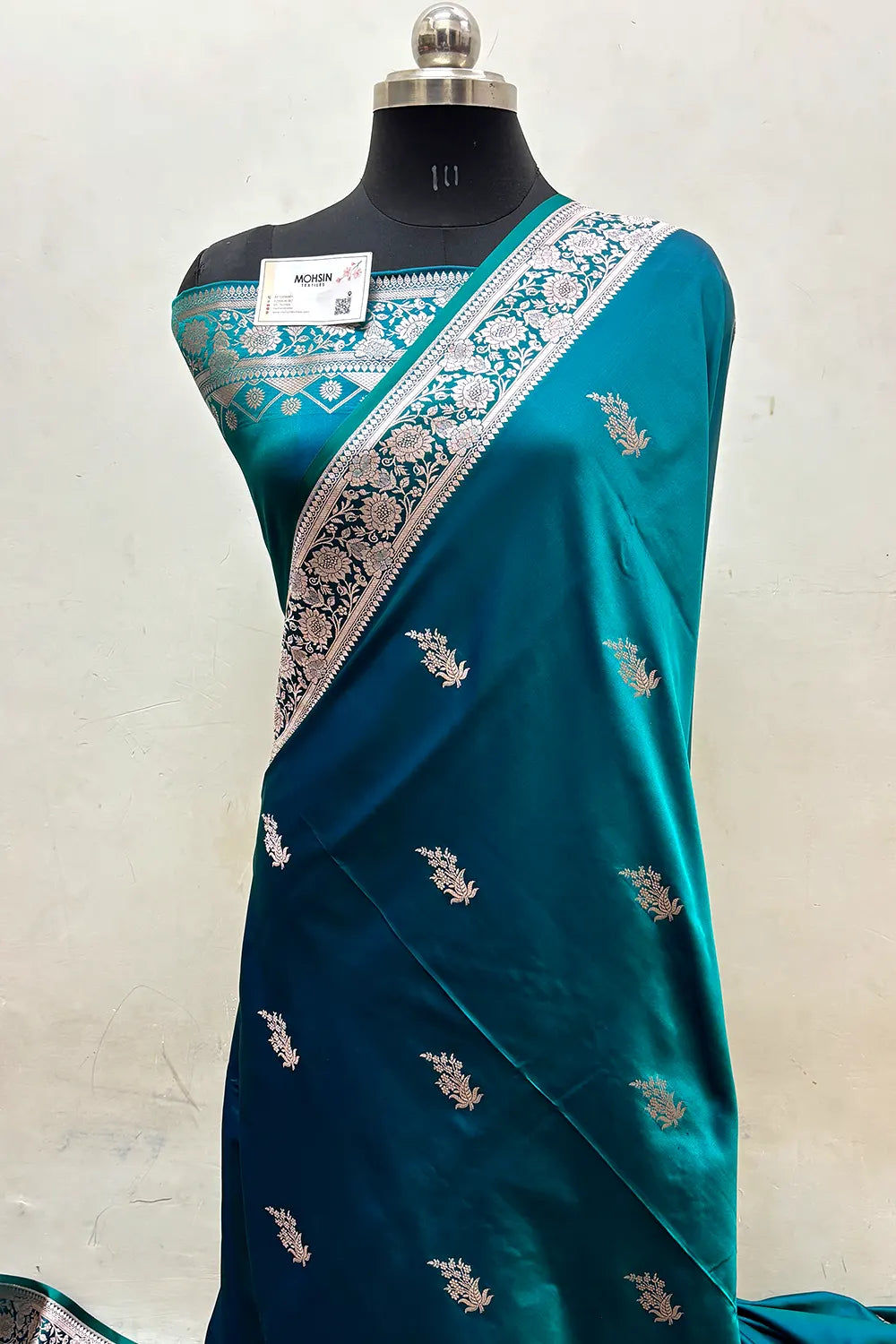 Peacock Blue Zari Katan Mashru Silk Banarasi Saree