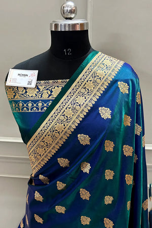 Peacock Blue Zari Katan Satin Silk Banarasi Saree