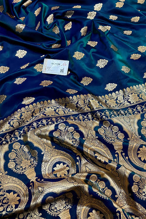 Peacock Blue Zari Katan Satin Silk Banarasi Saree
