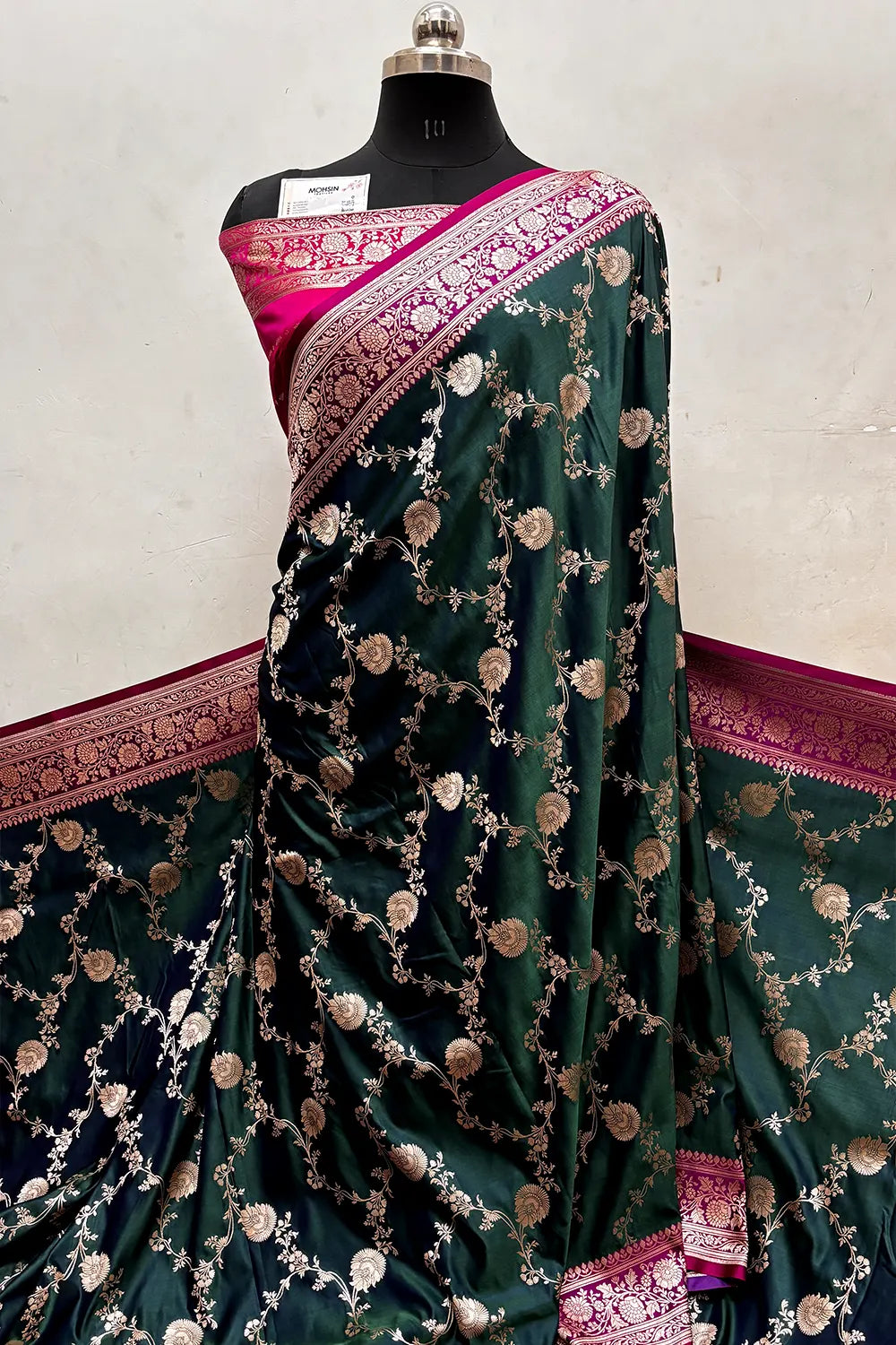 Peacock Green and Pink Zari Katan Silk Banarasi Saree