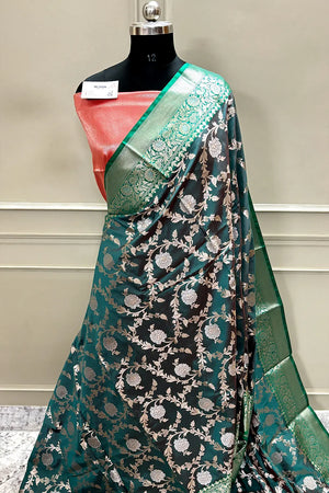 Peacock Teal and Red Zari Banarasi Silk Saree