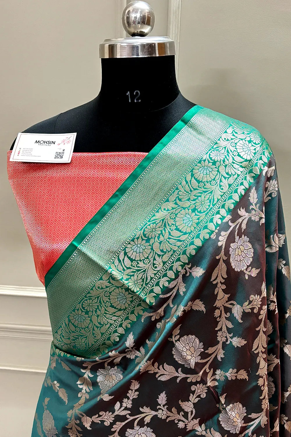 Peacock Teal and Red Zari Banarasi Silk Saree