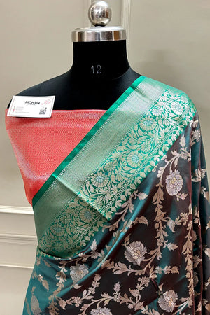 Peacock Teal and Red Zari Banarasi Silk Saree