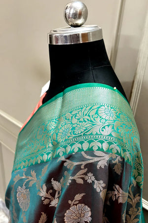 Peacock Teal and Red Zari Banarasi Silk Saree