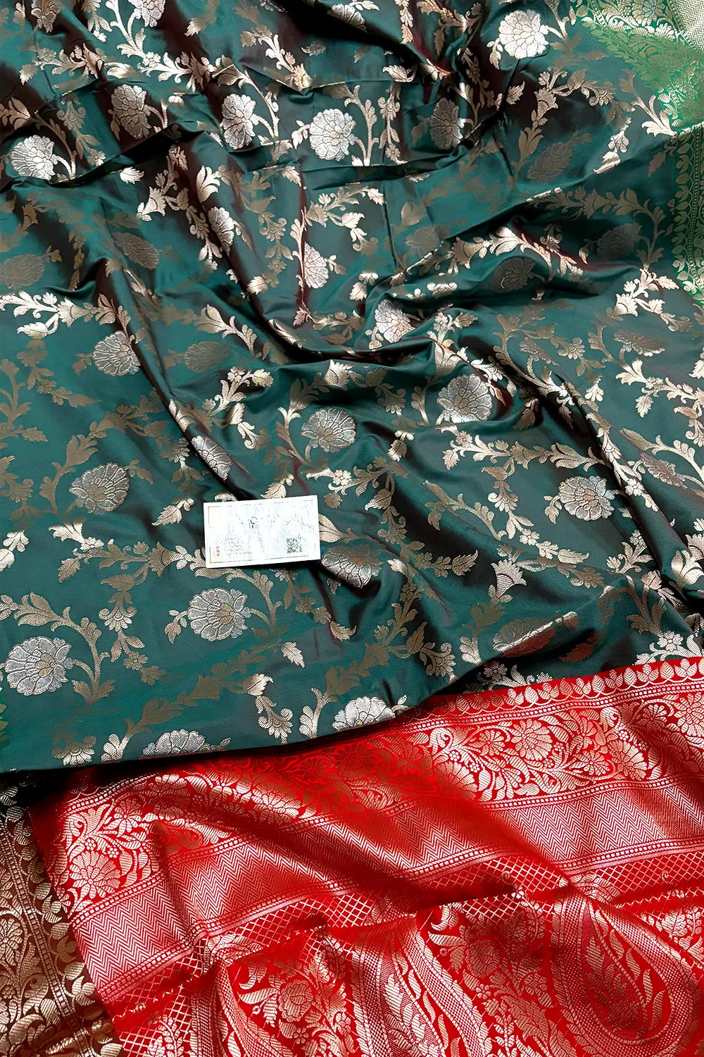 Peacock Teal and Red Zari Banarasi Silk Saree
