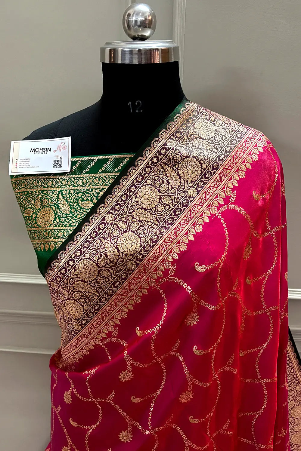 Pink and Bottle Green Zari Katan Satin Silk Banarasi Saree