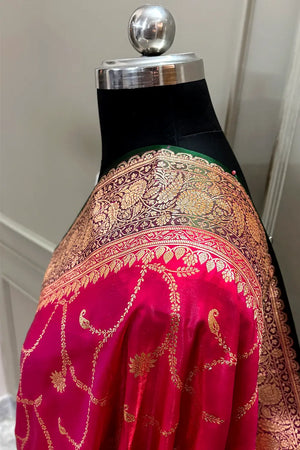Pink and Bottle Green Zari Katan Satin Silk Banarasi Saree