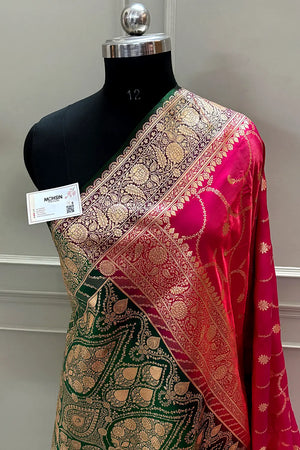 Pink and Bottle Green Zari Katan Satin Silk Banarasi Saree