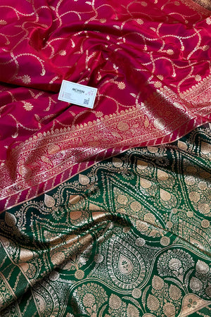 Pink and Bottle Green Zari Katan Satin Silk Banarasi Saree
