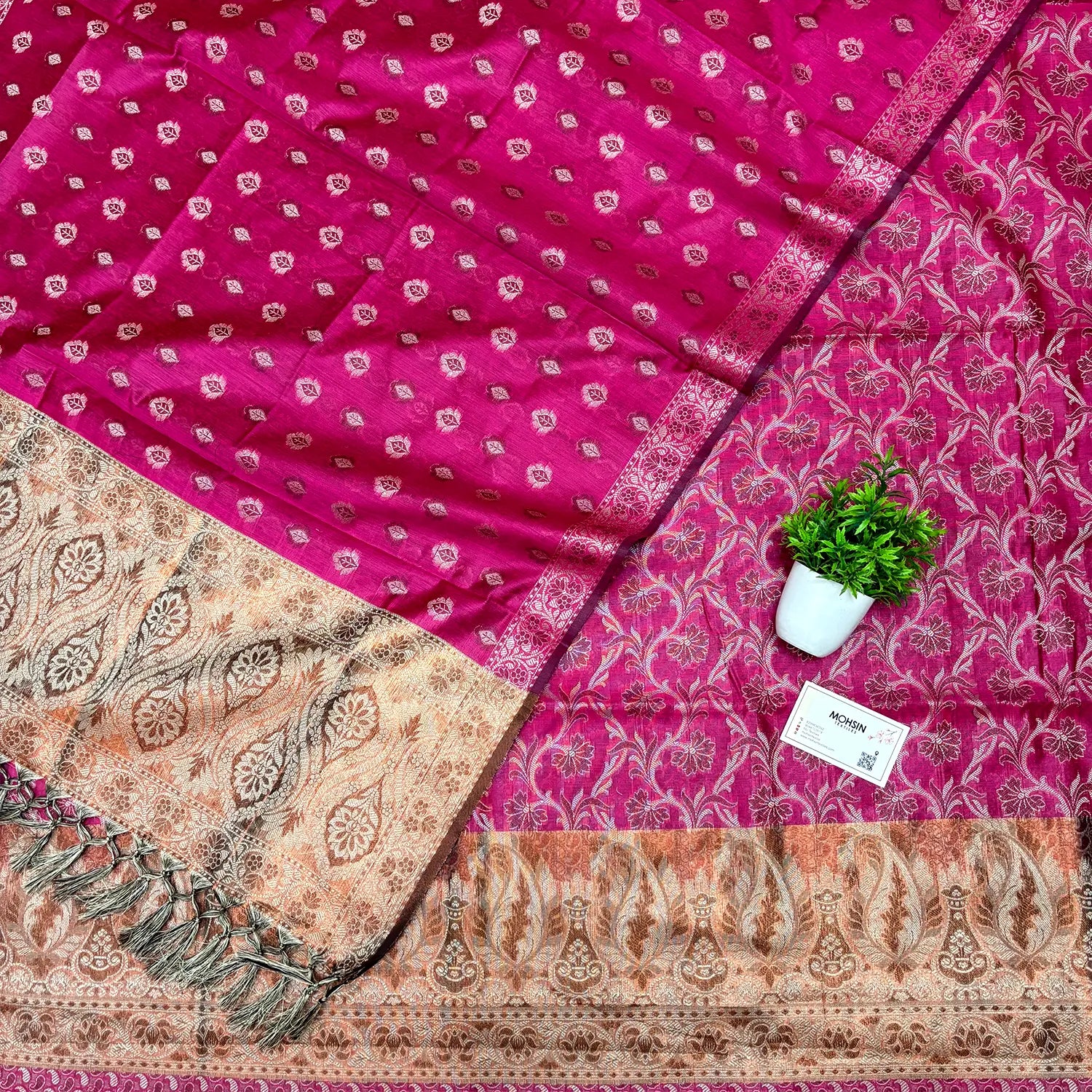 Pink and Gold Zari Border Cotton Silk Banarasi Suit