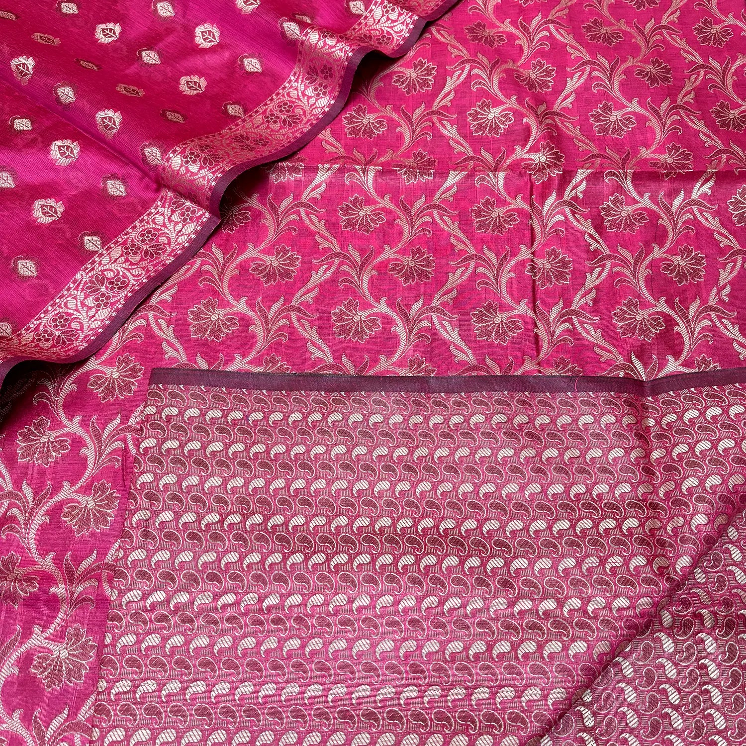 Pink and Gold Zari Border Cotton Silk Banarasi Suit