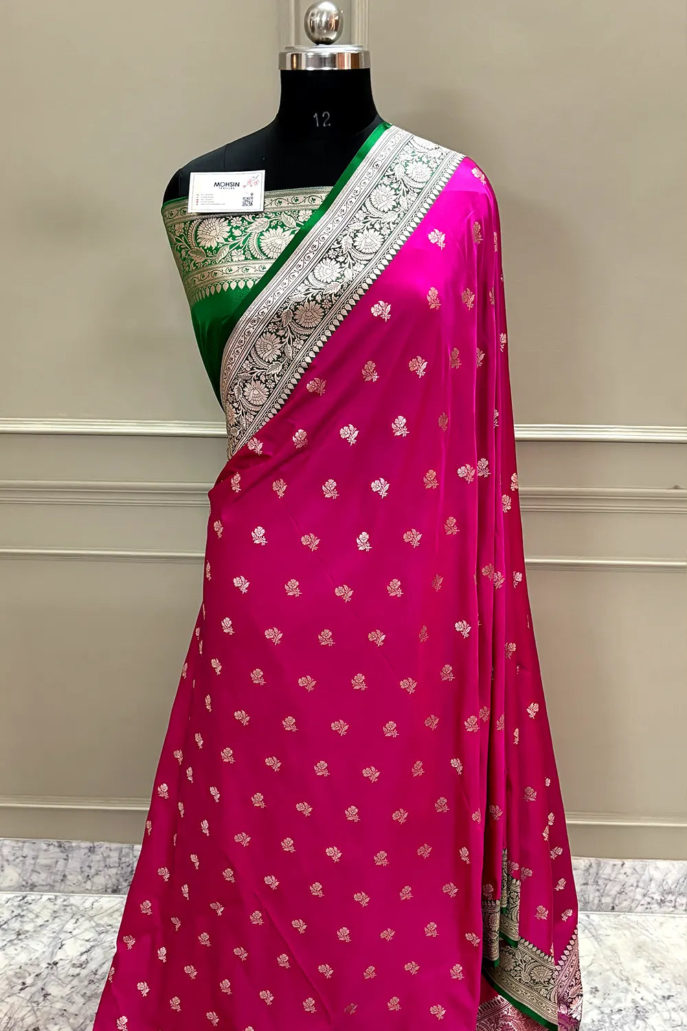Pink and Green Chaman Buti Katan Silk Banarasi Saree