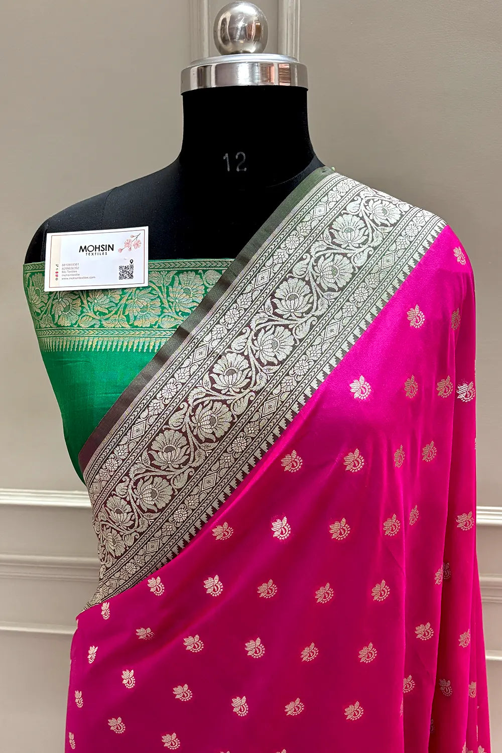 Pink and Green Ghonga Buti Katan Silk Banarasi Saree