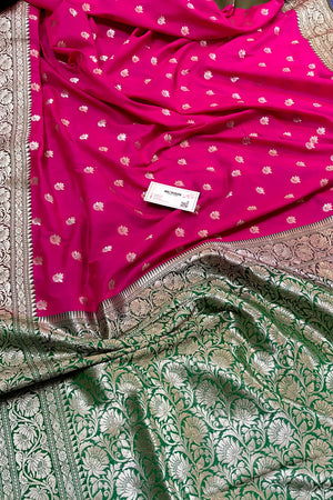 Pink and Green Ghonga Buti Katan Silk Banarasi Saree