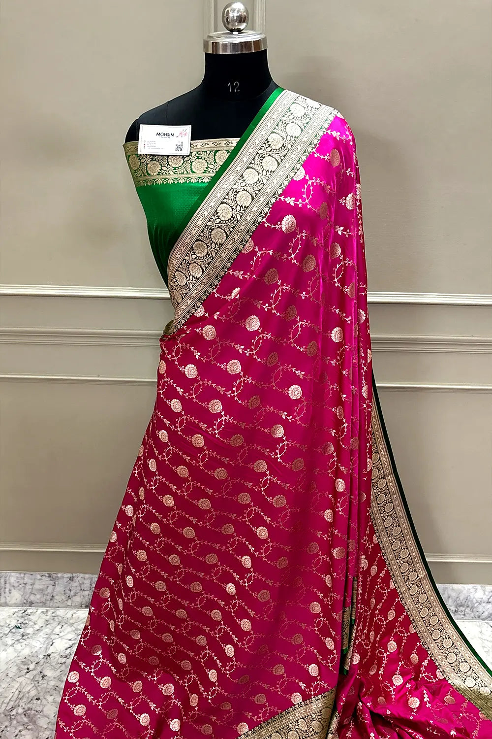 Pink and Green Ropeway Jaal Katan Silk Banarasi Saree