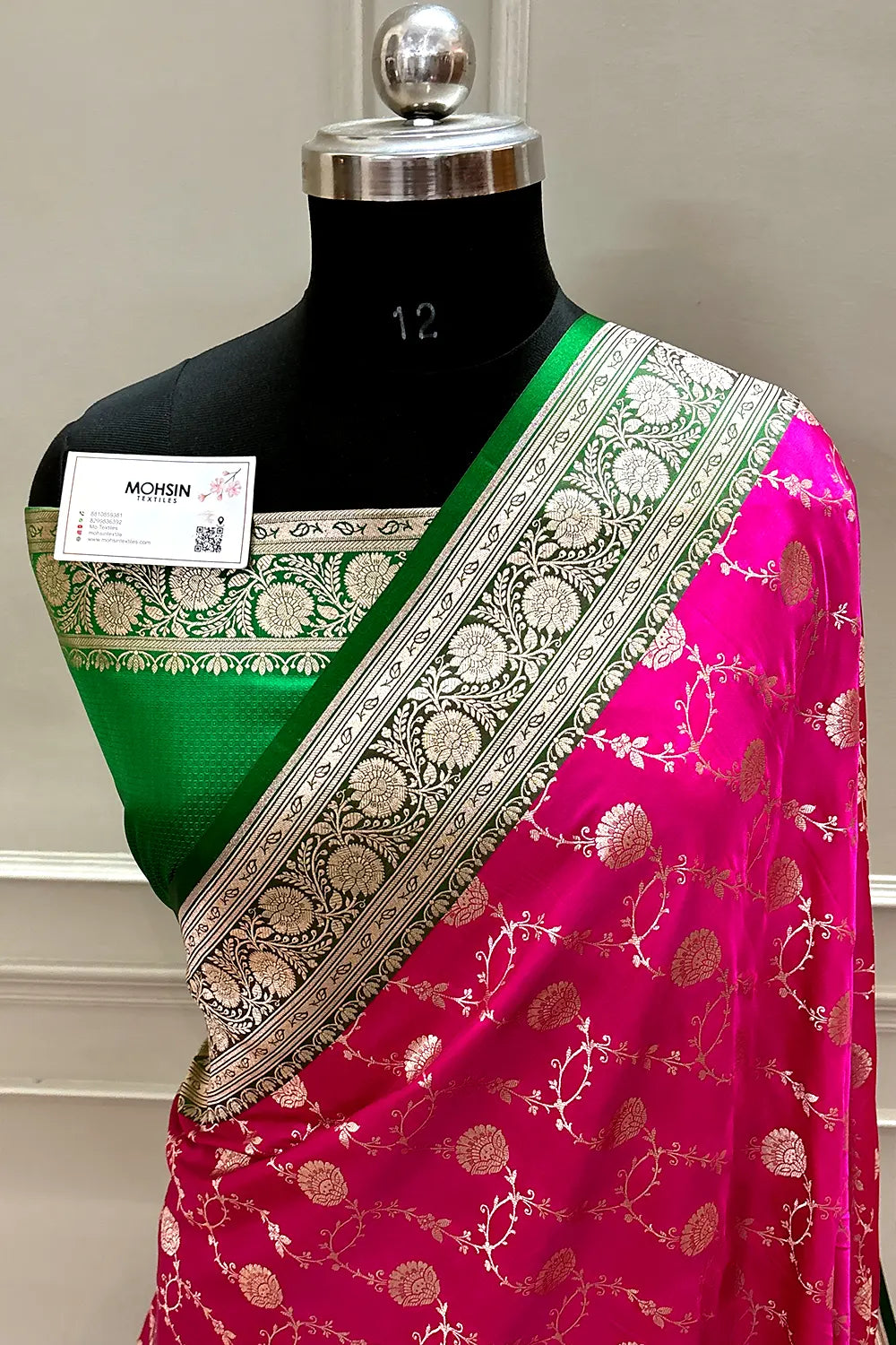 Pink and Green Ropeway Jaal Katan Silk Banarasi Saree