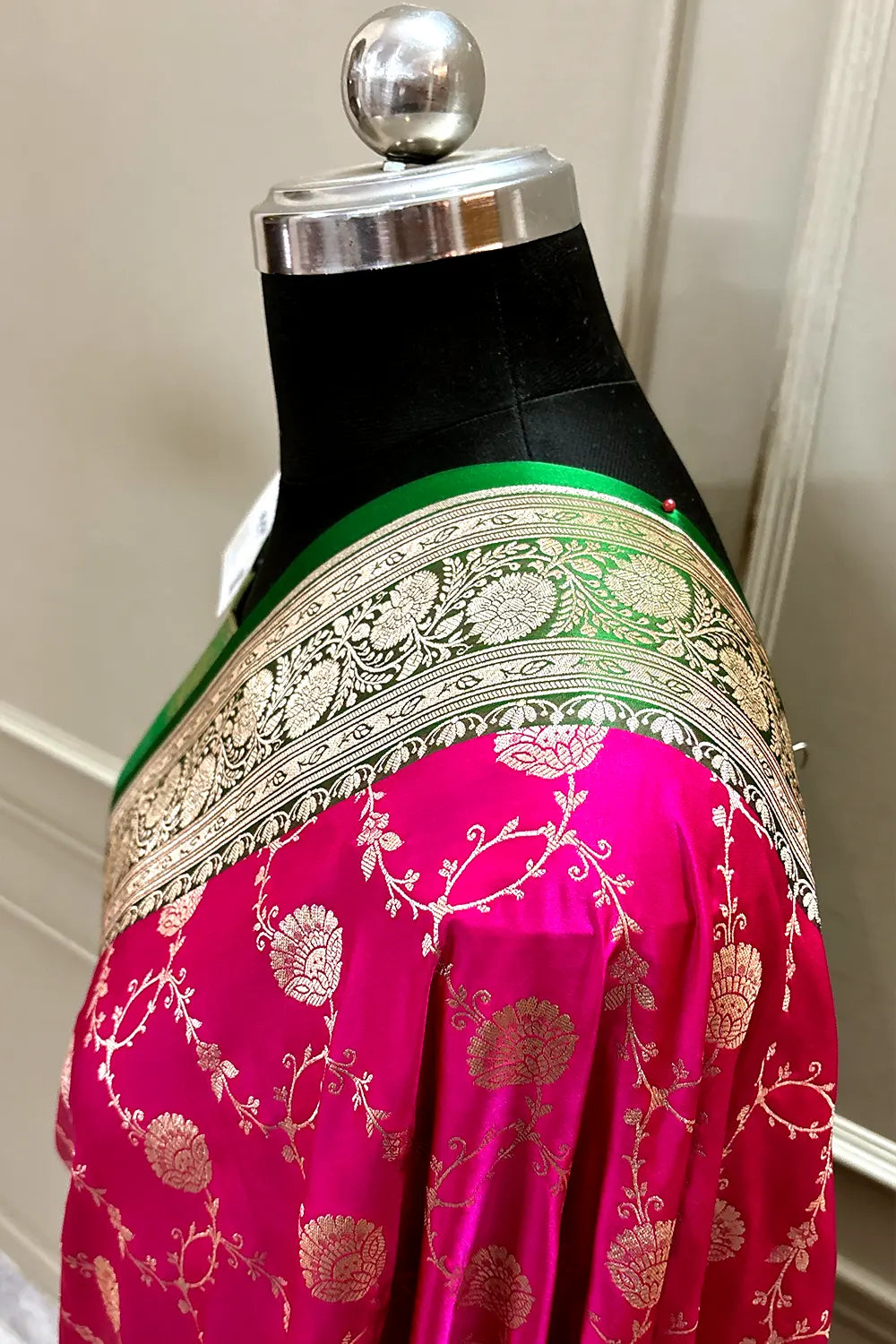Pink and Green Ropeway Jaal Katan Silk Banarasi Saree