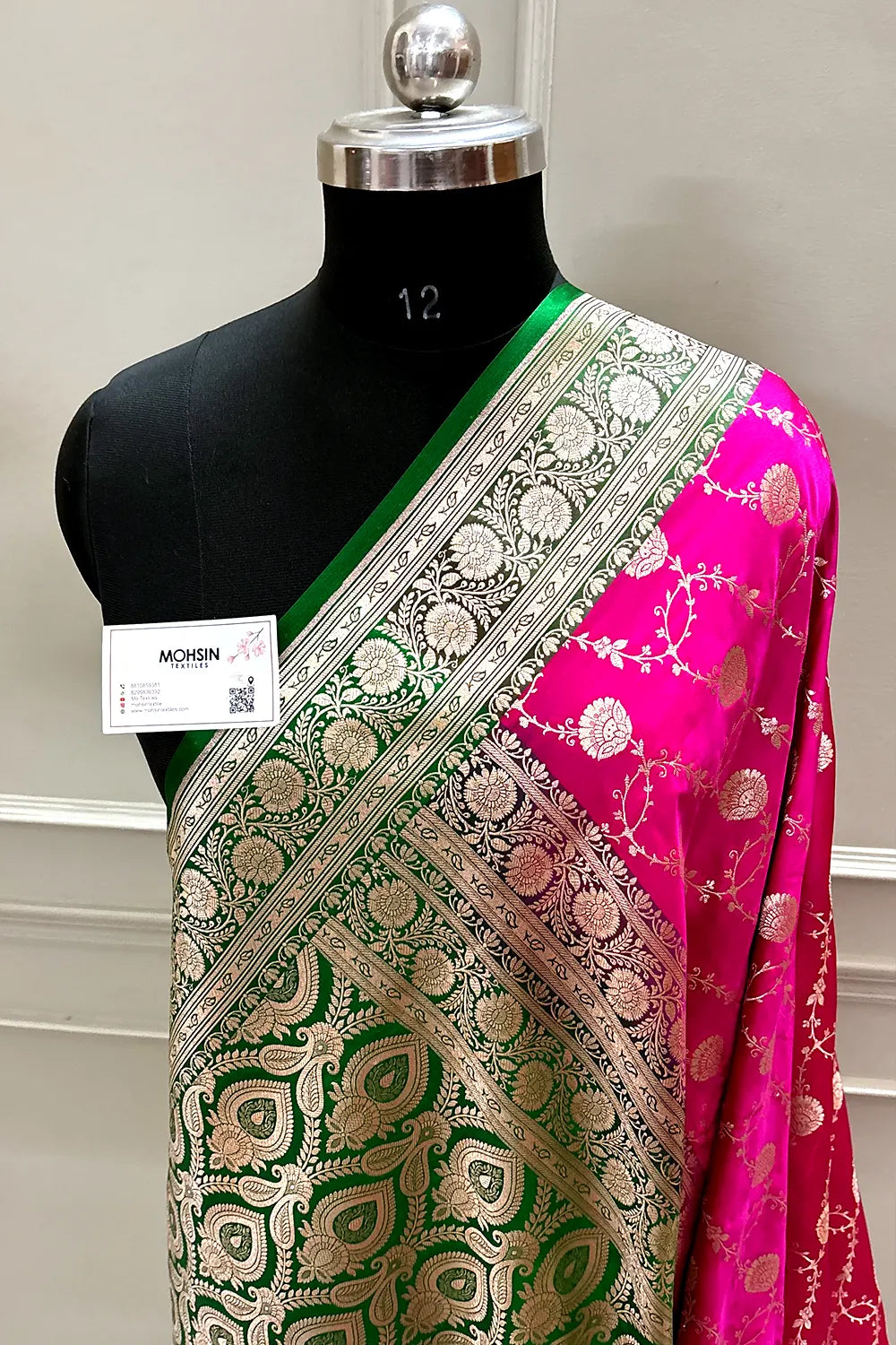 Pink and Green Ropeway Jaal Katan Silk Banarasi Saree