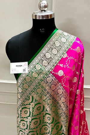 Pink and Green Ropeway Jaal Katan Silk Banarasi Saree