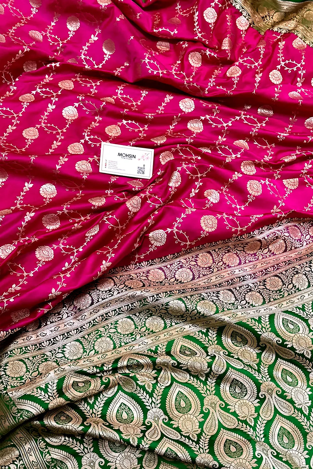 Pink and Green Ropeway Jaal Katan Silk Banarasi Saree