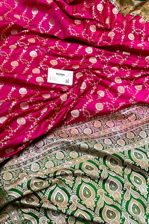 Pink and Green Ropeway Jaal Katan Silk Banarasi Saree