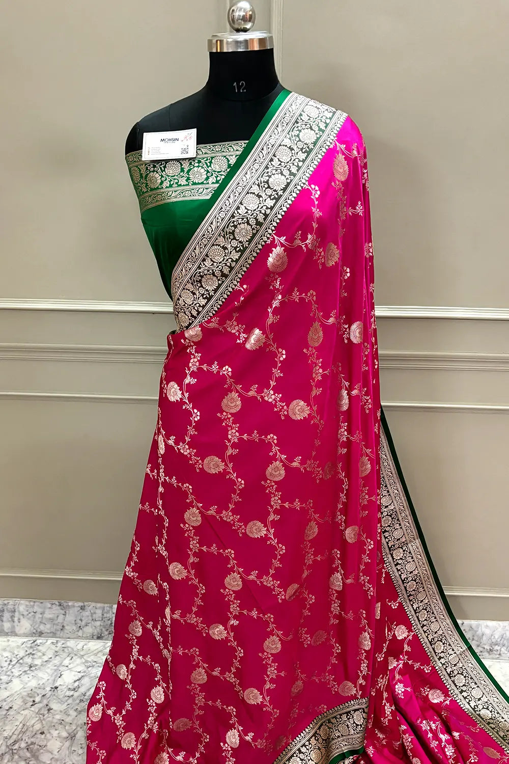 Pink and Green Zari Katan Silk Banarasi Saree