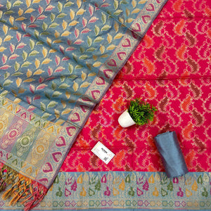 Pink and Grey Resham Banarasi Silk Suit 