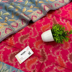 Pink and Grey Resham Banarasi Silk Suit 