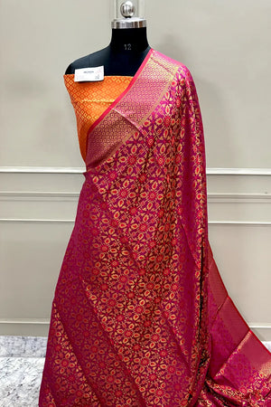Pink and Mustard Zari Silk Banarasi Saree