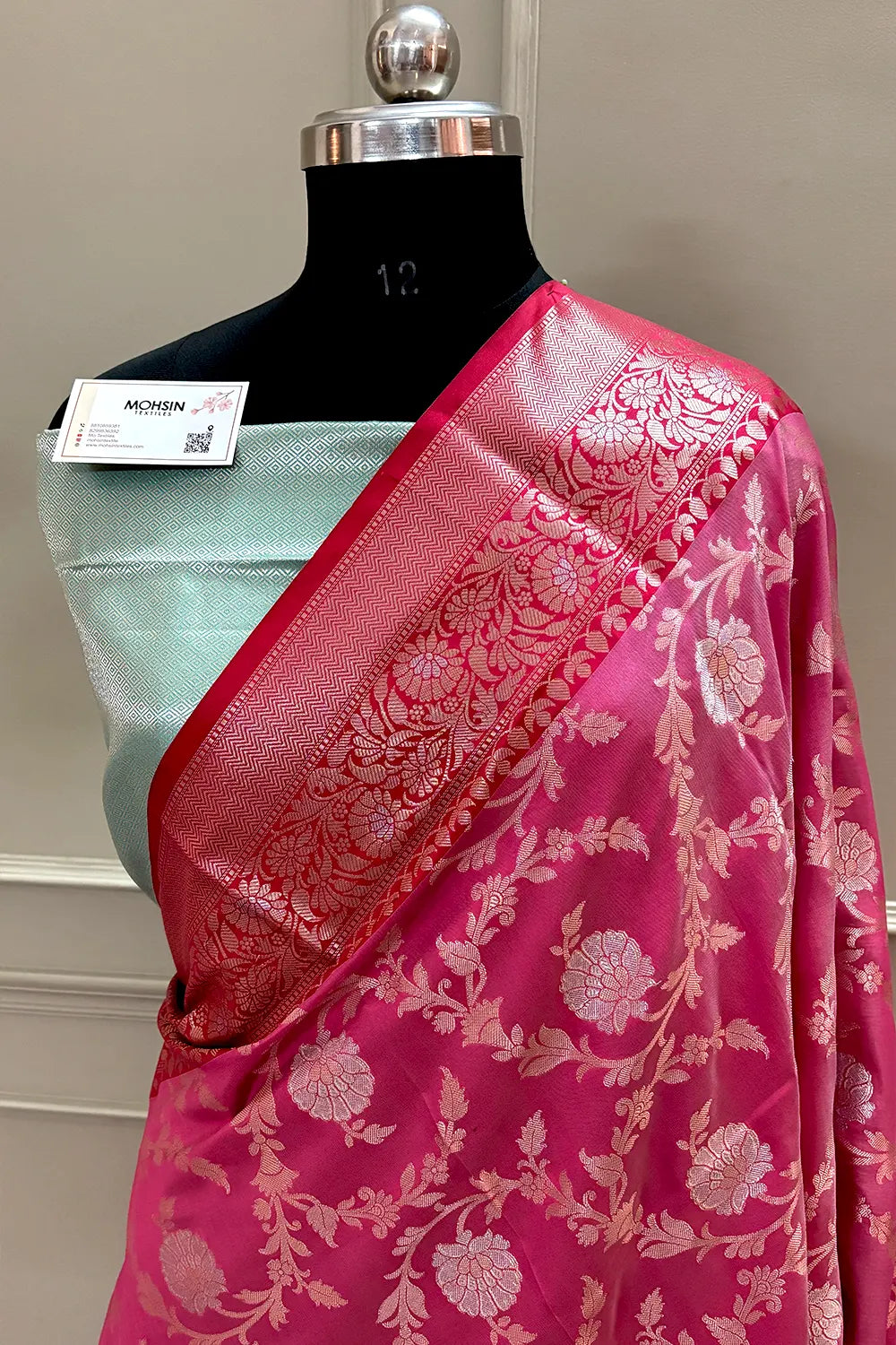 Pink and Sea Green Zari Banarasi Silk Saree