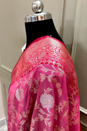 Pink and Sea Green Zari Banarasi Silk Saree