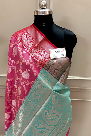 Pink and Sea Green Zari Banarasi Silk Saree
