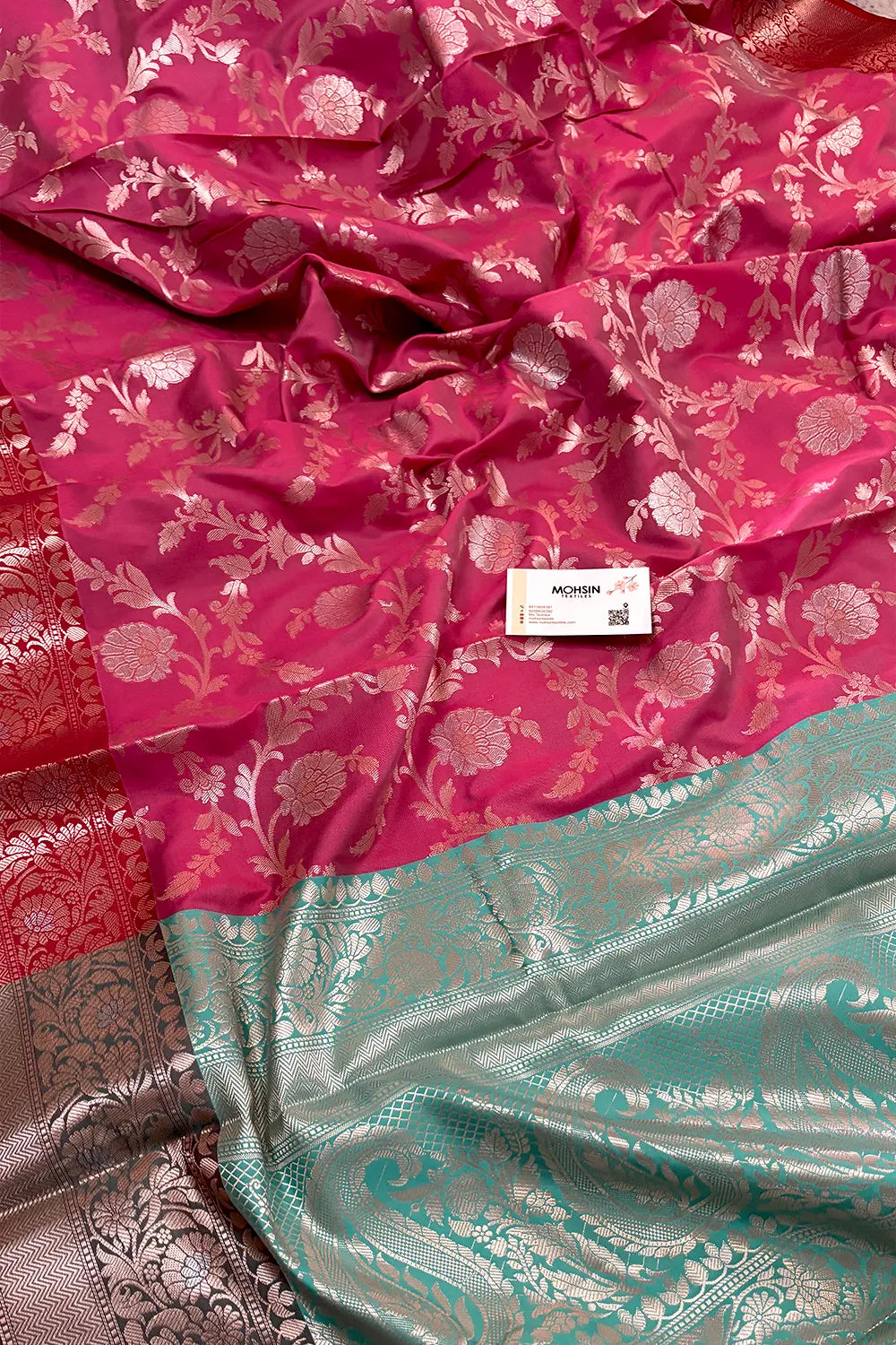 Pink and Sea Green Zari Banarasi Silk Saree