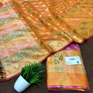 Pink and Yellow Resham Banarasi Silk Suit