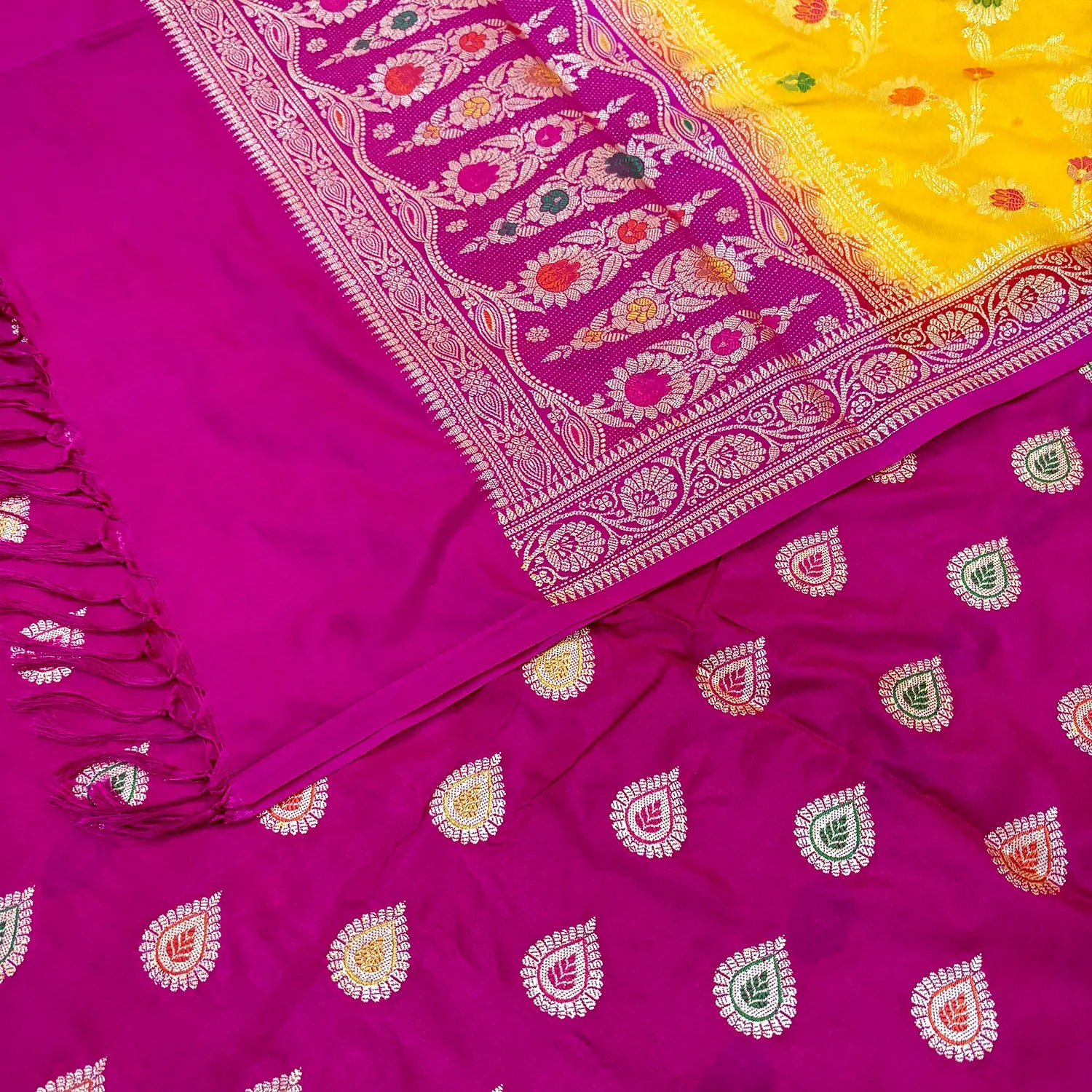 Pink and Yellow Zari Katan Silk Banarasi Suit