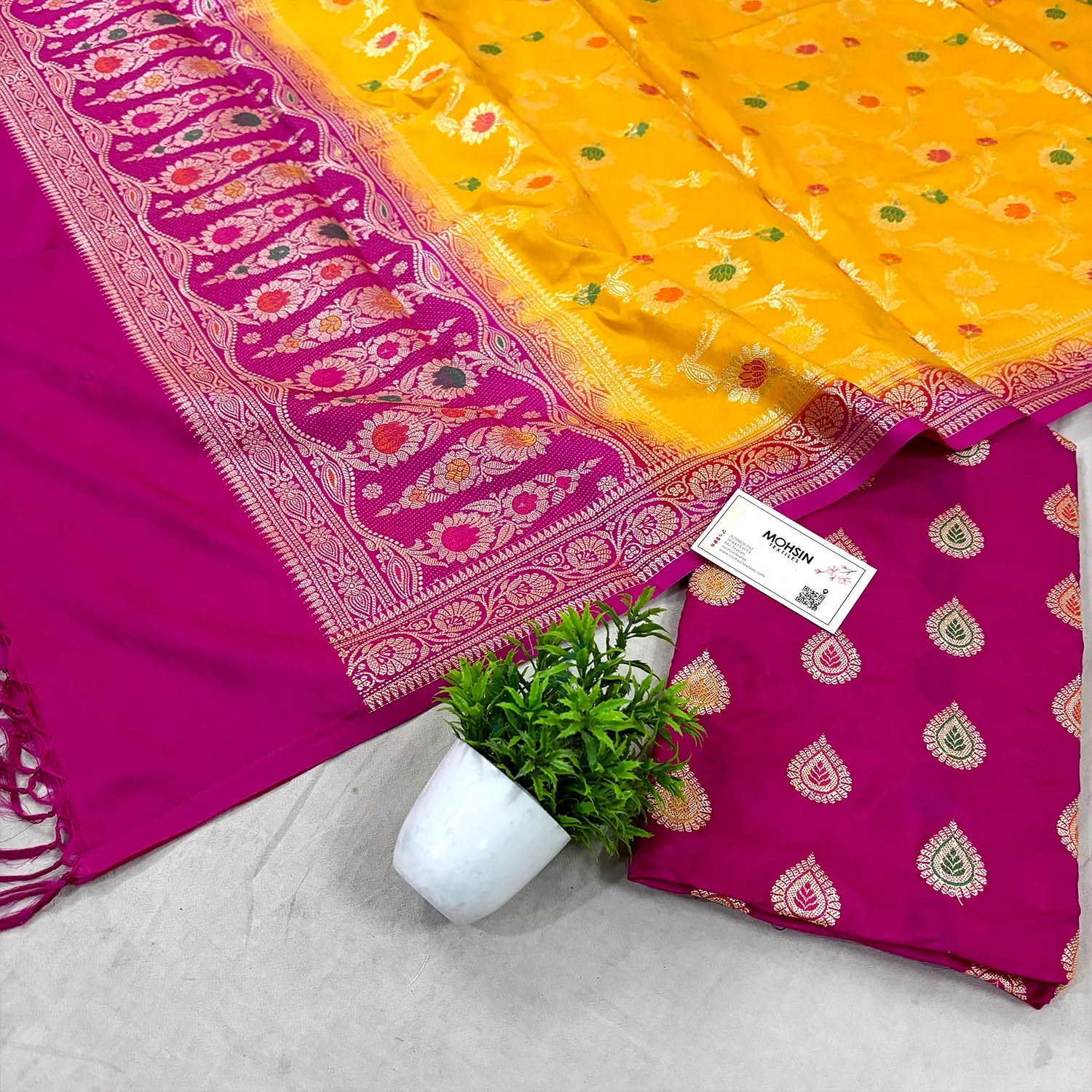 Pink and Yellow Zari Katan Silk Banarasi Suit