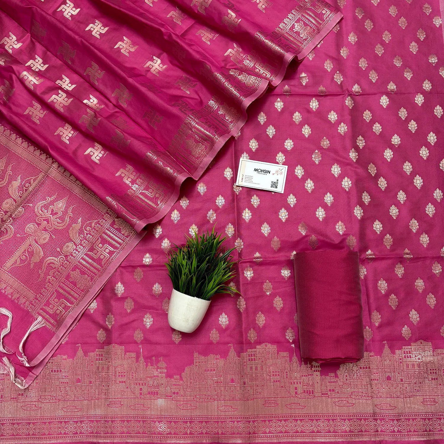 Pink Assi Ghat Mandir Semi Katan Silk Banarasi Suit
