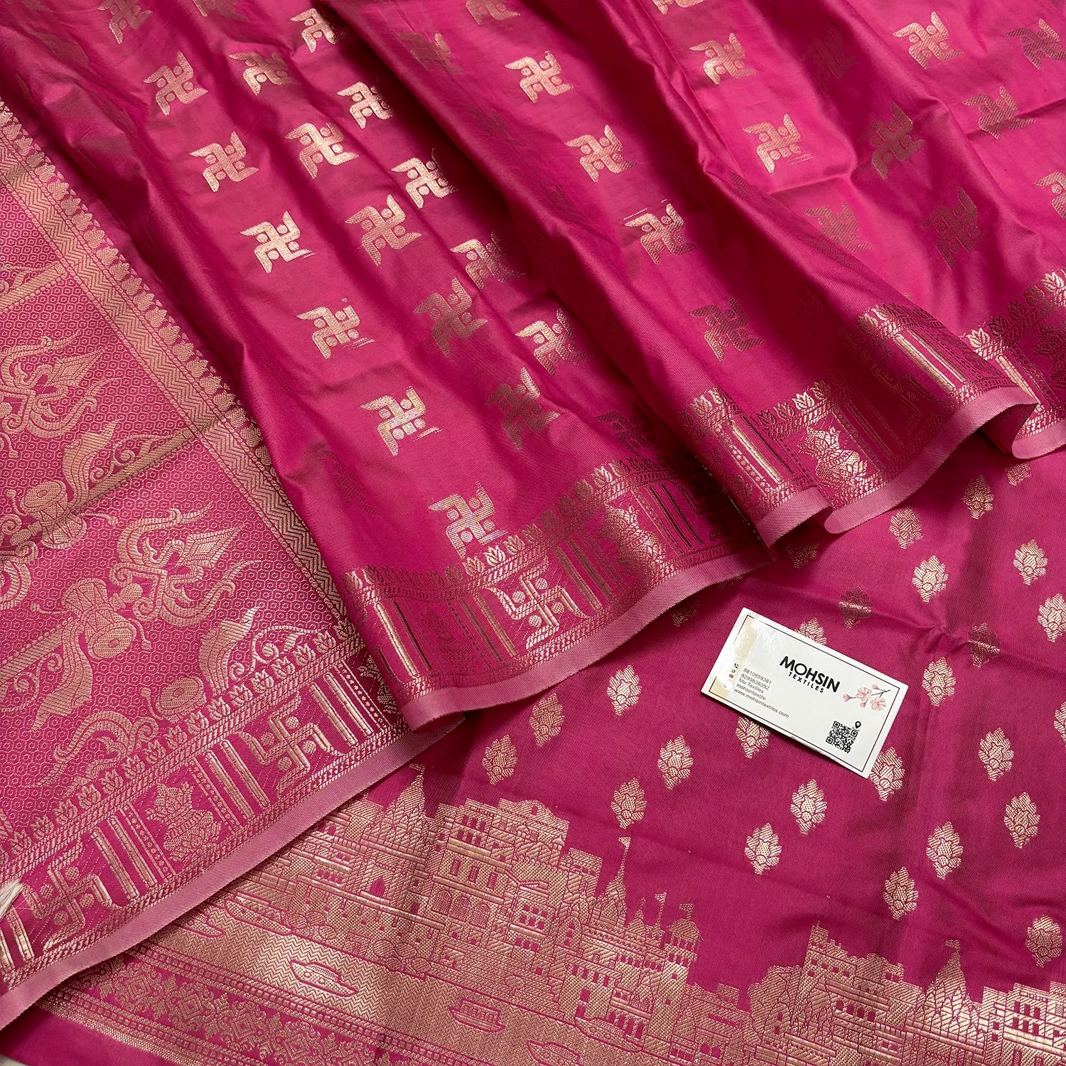Pink Assi Ghat Mandir Semi Katan Silk Banarasi Suit