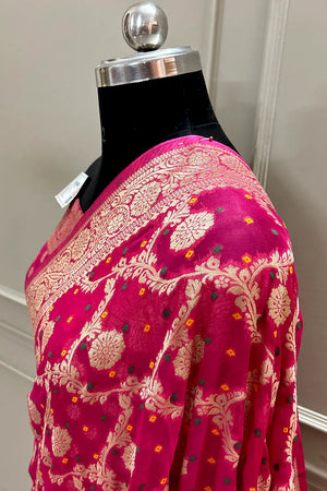 Pink Bandhej Georgette Silk Banarasi Saree