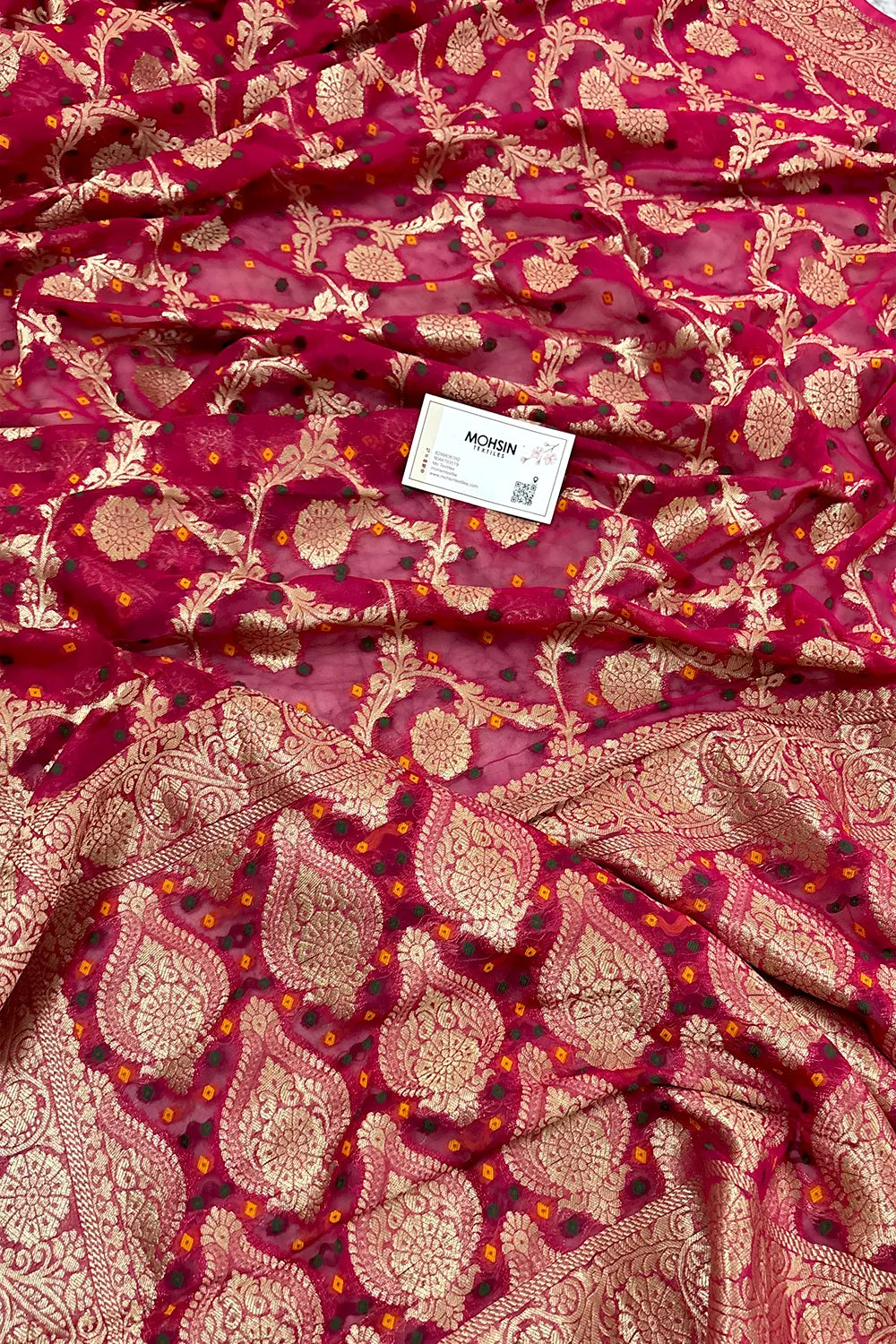 Pink Bandhej Georgette Silk Banarasi Saree
