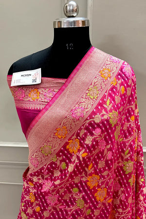 Pink Bandhej Meena Georgette Silk Banarasi Saree